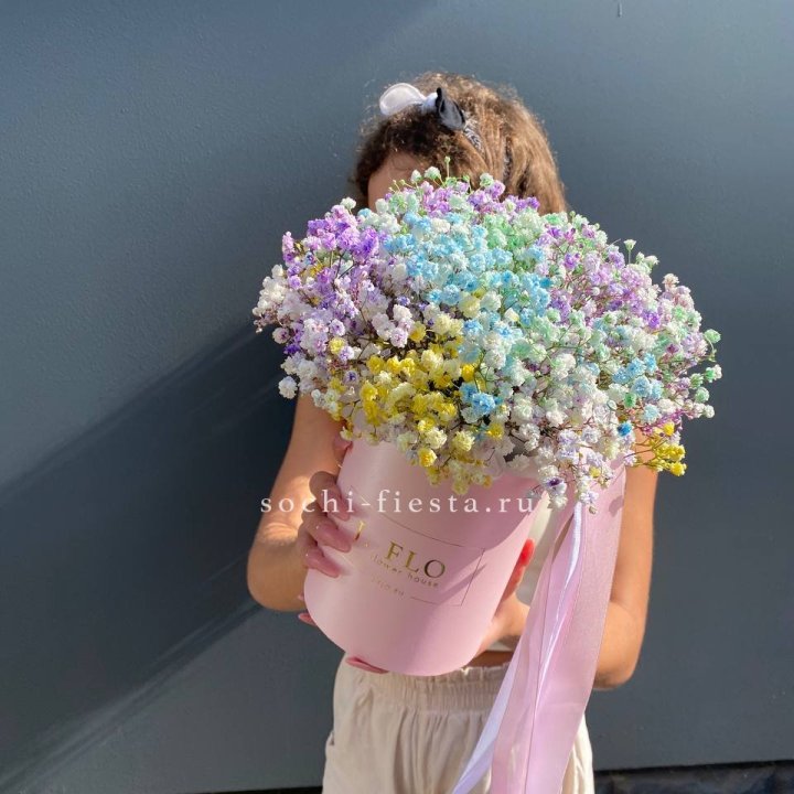 Радужные гипсофилы в шляпной коробке в Нижнем Тагиле
